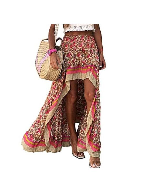 Dresses & Skirts - Fashion Pink Floral Long Skirt Elastic Waist Comfy Short Skirt